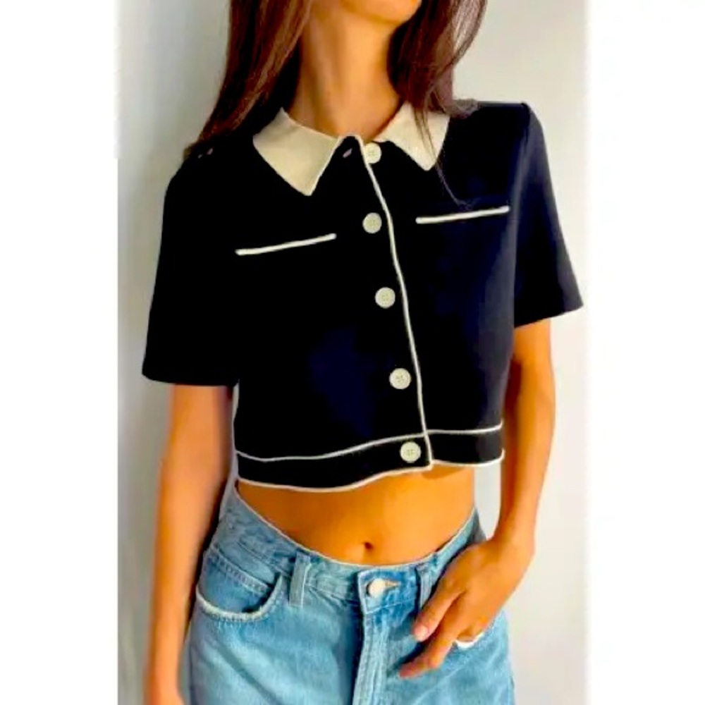OAK + FORT Black and marfil Peter Pan Collar Crop Shirt contrast trim button up